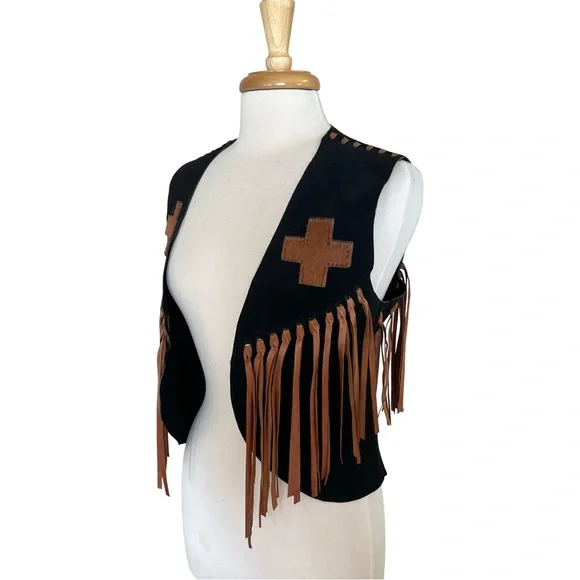 Leather Fringe Suede Vest with Cowhide Navajo Cross Appliqués Black & Chestnut - Picture 3 of 5